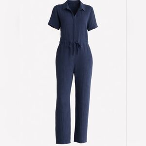 NWOT Eileen Fisher Navy Blue Cotton Short Sleeve Gauze Jumpsuit Sz XXS